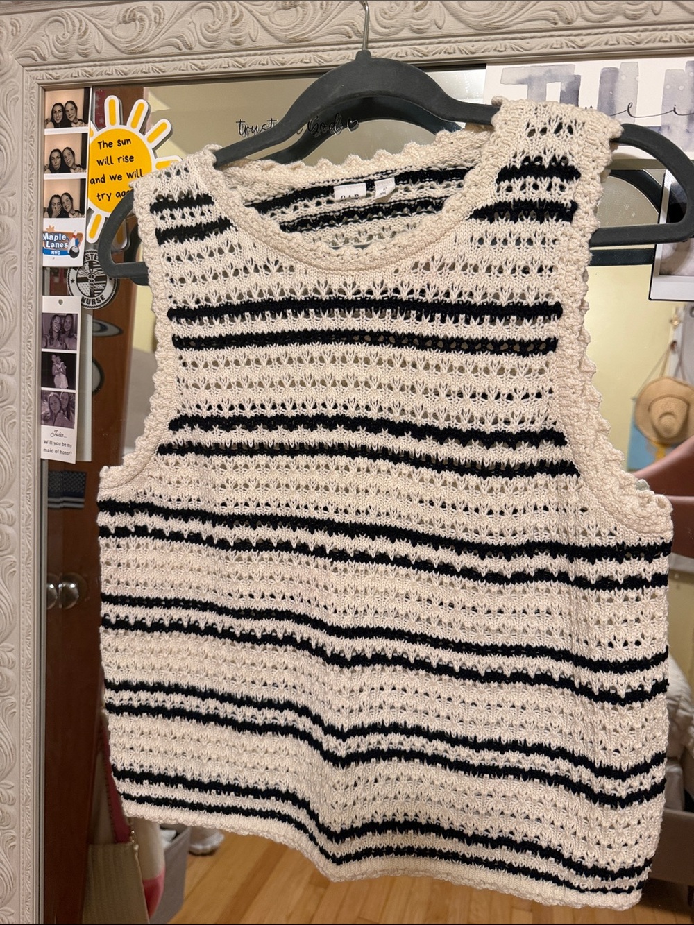 Classic Striped Crochet Tank Top - Cream & Black